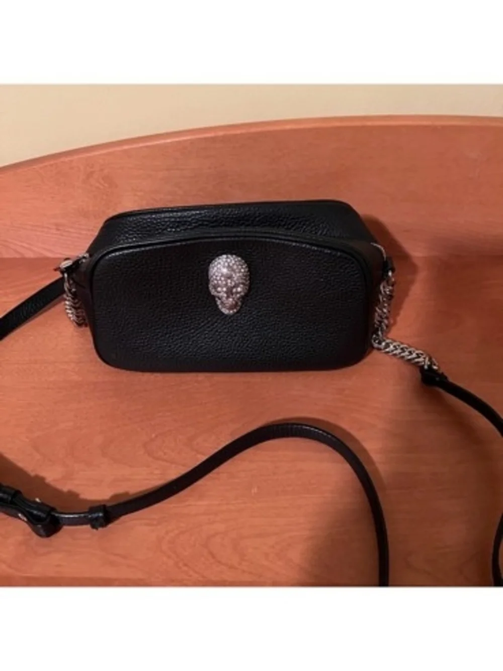 Philipp Plein Black Pebbled Leather Crossbody with Crystal Skull